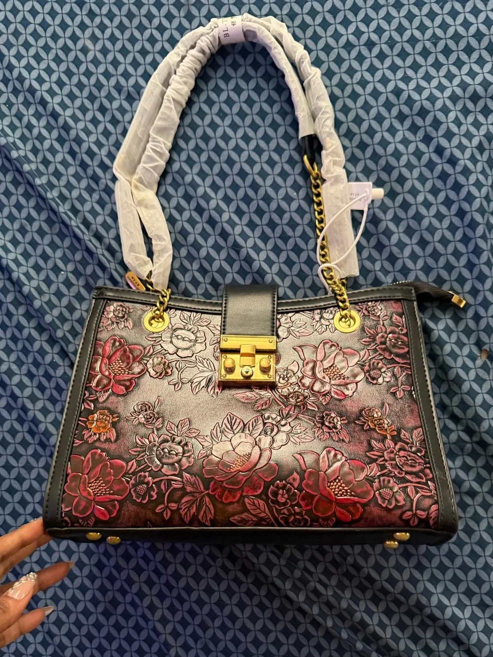 Floral Embossed Black and Pink Tote Handbag